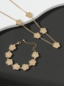 1 Set Women's Fashion Jewelry Elegant Rhinestone Clover Necklace & Bracelet - Yellow Gold - View 5