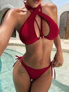 Women's Elegant Fashion Summer Beach Vacation Style Burgundy Criss-Cross Halter Bikini Set Set, Suitable For Parties, Gatherings, Spring, Seaside, Entertainment, Vacation, Romantic, Fashionable Design, Unique, Casual, Bohemian Style, Travel, Daily Recreation - Burgundy - View 4