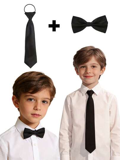 2pcs/Set Kids Pre-Tied Necktie And Bow Tie, Suitable For School Uniform, Back To School, Work, Formal Gatherings, Celebrations And Daily Wear