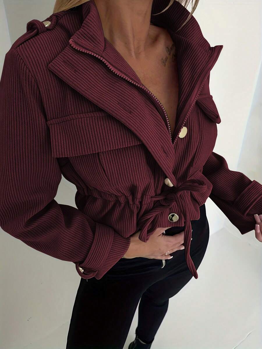Women's Autumn/Winter Hot-Selling Fashion Casual Commute Corduroy Fabric Zipper Front Button Waist Tie Jacket - Burgundy - View 1