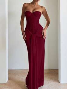 Elegant Strapless Evening Gown - Flowing Sash Waist-Defining Maxi Dress With Slim Fit & Formal Silhouette - Burgundy - View 3