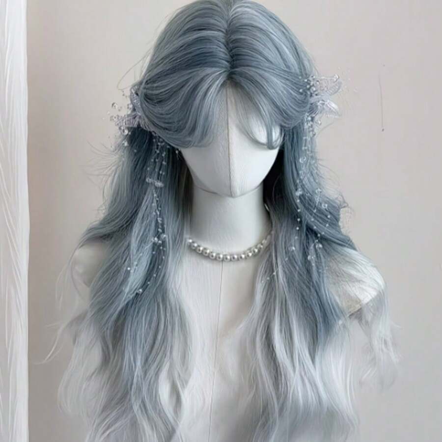Perruque ondulée de 58 cm de long avec frange, dans un dégradé bleu clair à blanc. Cette perruque polyvalente convient au quotidien, aux fêtes et au cosplay. Accessoires inclus. - Bleu azur - Voir 1