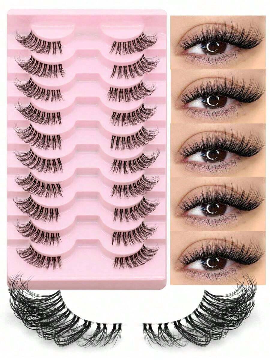 10 Pairs Half Lashes Clear Band Eyelashes Cat Eye False Eyelashes Short Soft 3d Faux Mink Eyelashes Soft Natural Makeup - 黑色 - 查看 1