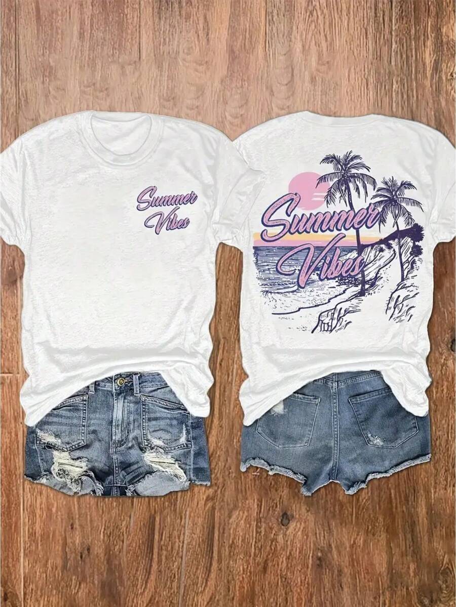 Letter Printed T-Shirt, Short-Sleeved T-Shirt For Casual Wear In Summer And Spring, Women'S Wear, 180G Double-Sided Printed T-Shirt With Round Neck For Short Sleeves, Slim And Versatile High-Quality Leisure Sports, Fashionable And Single Piece - 白色 - 查看 1