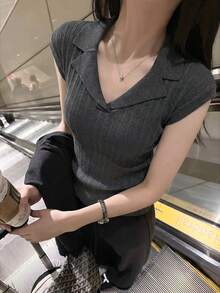 Summer New Old Money Style V-Neck Notched Collar Ribbed Knit Top – Slim Fit Ice Silk Blouse For Women - Dark Grey - View 4