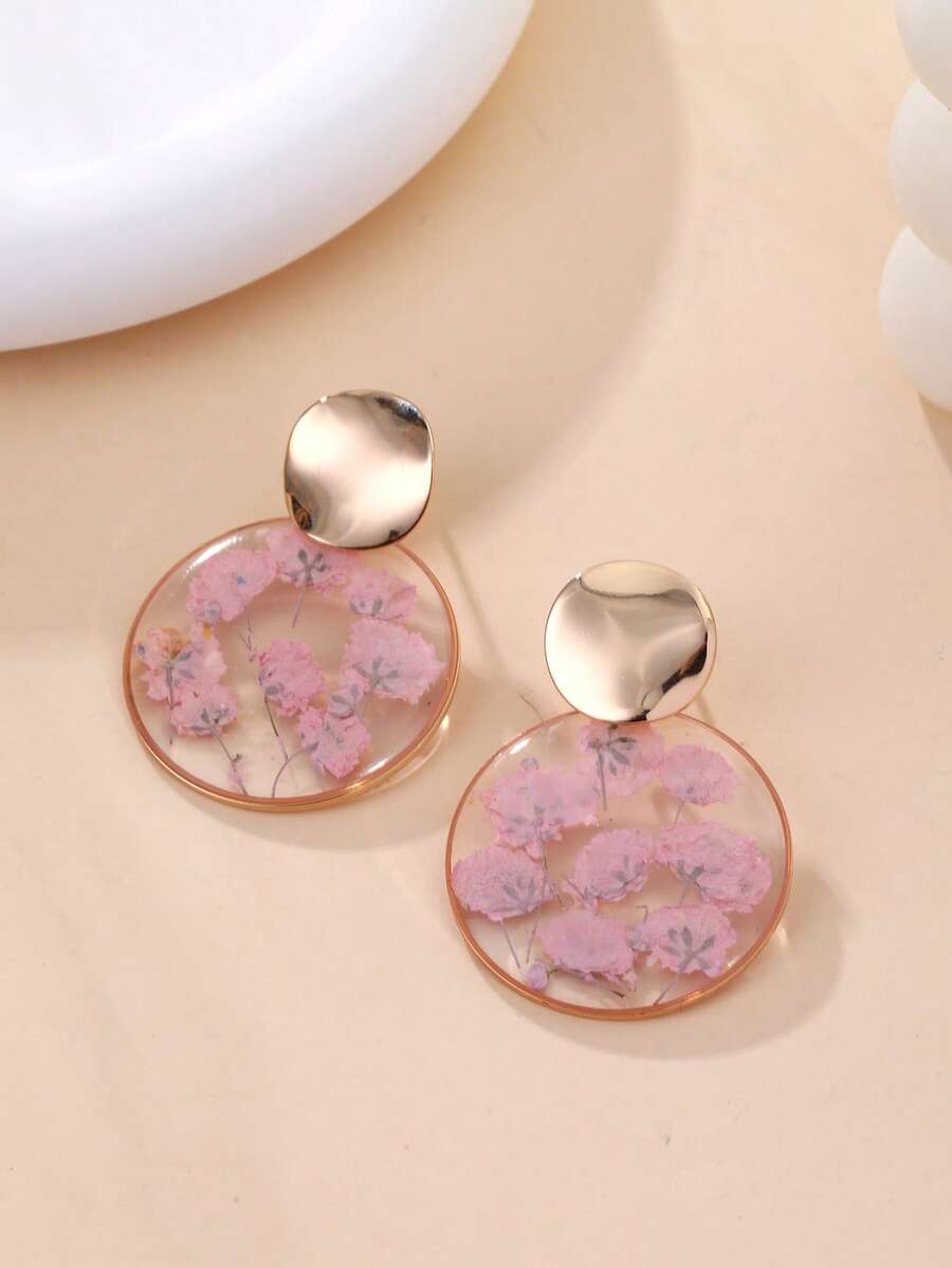 1 par de pendientes con flores naturales preservadas de estilo Ins, pendientes florales románticos franceses, versátiles para el trabajo y las citas - Rosa - Ver 1