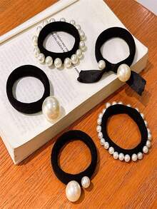 5pcs/3pcs/1pc Faux Pearl Headband, Fashion Hair Accessories For Women Ponytail Holders Hair Elastics Hair Rubber Bands Scrunchies Hair Rope Elastic Hair Tie Beauty Home Bedroom Decor - Black and White - View 2
