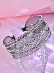 1pc Shiny Silver Rhinestone Headband, Fashionable Mesh Hollow Wide-Brim Headpiece Suitable For Bride, Wedding, Celebration, Holiday Gift, Date, Carnival Party, Casual Wear Beauty Home Hair Accessories - 黑色 - 查看 3