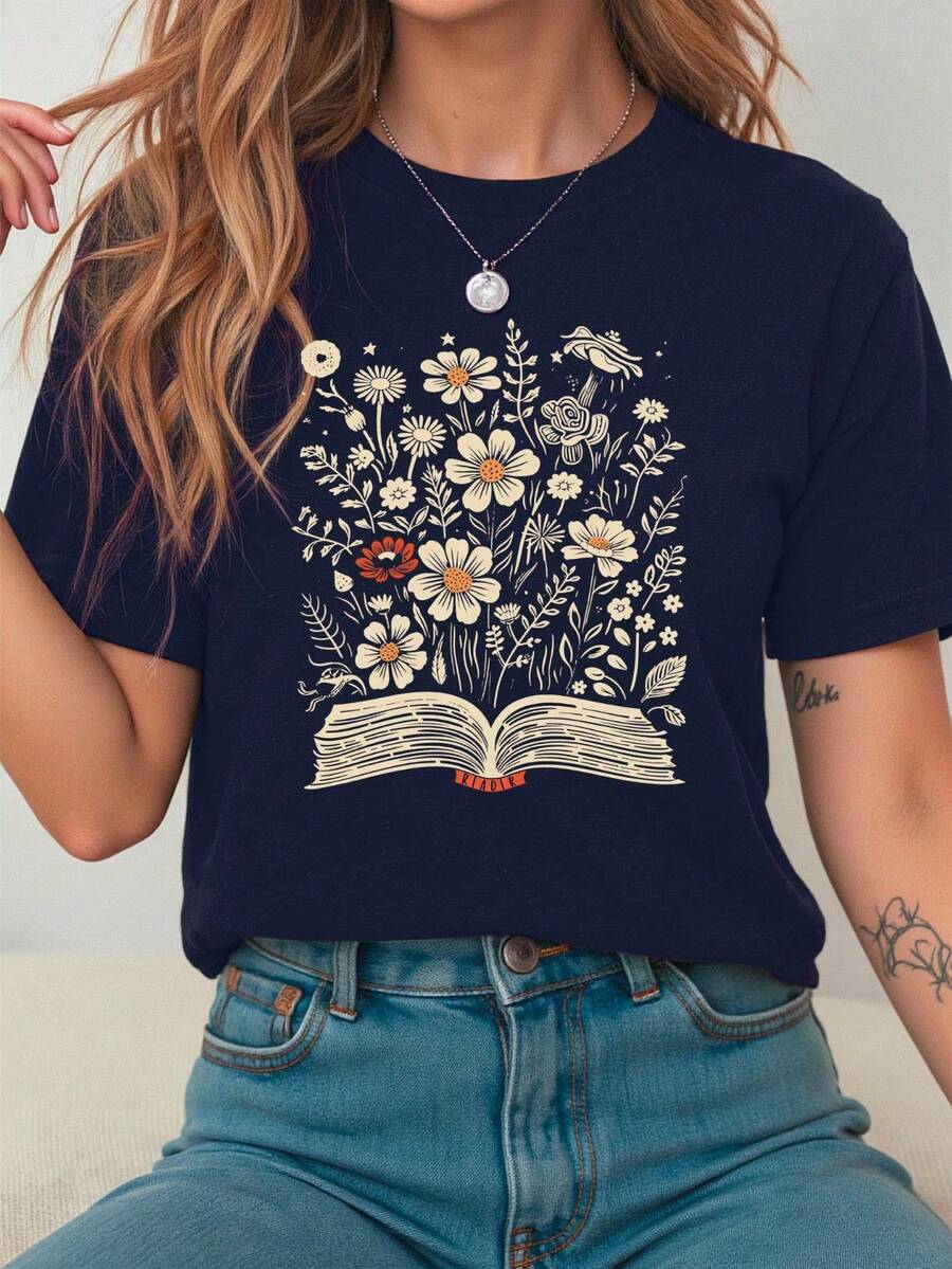 Fashionable Versatile Printed Short Sleeve Women's T-Shirt, Women's Casual Charming Floral Pattern Round Neck Plain T-Shirt Top Summer - Navy Blue - View 1