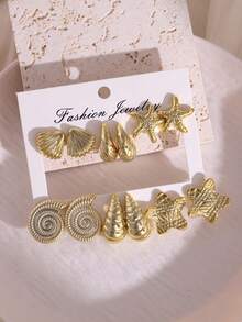 2-12pcs Fashionable New Starfish, Seashell, Shell Gold-Color ABS Plastic Earring Set, Suitable For Summer Travel And Vacation Wear - Gold - View 1