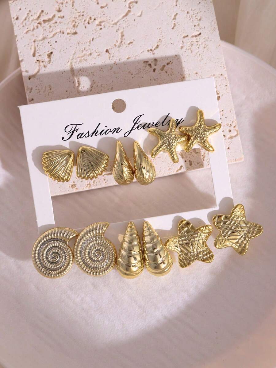 2-12pcs Fashionable New Starfish, Seashell, Shell Gold-Color ABS Plastic Earring Set, Suitable For Summer Travel And Vacation Wear - Gold - View 1