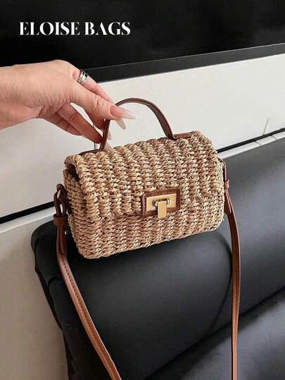 Fashionable Retro Personalized Straw Handbag, Versatile For Outings, Vacation, Beach, Woven Mini Square Crossbody Bag