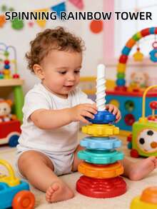 彩虹叠叠圈玩具，彩色叠叠圈，儿童早教玩具，形状匹配积木，旋转玩具，自闭症儿童注意力训练桶玩具，旋转玩具，叠叠乐玩具，叠叠圈，感官玩具 - 旋轉套圈 - 查看 2