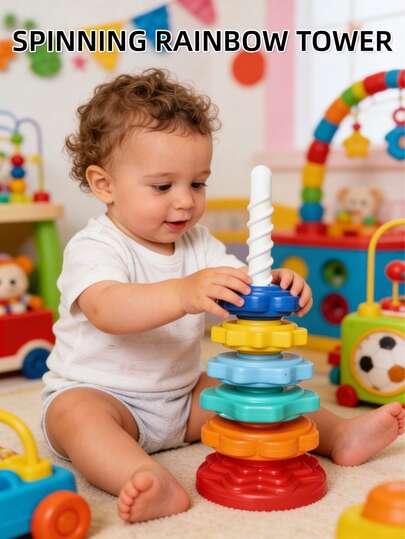 彩虹叠叠圈玩具，彩色叠叠圈，儿童早教玩具，形状匹配积木，旋转玩具，自闭症儿童注意力训练桶玩具，旋转玩具，叠叠乐玩具，叠叠圈，感官玩具