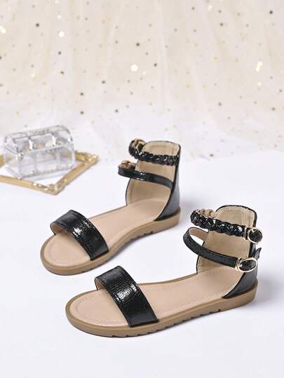 1 Pair New Fashion PU Strap Ankle Wrap Woven Flat Roman Sandals, Versatile Princess Dream Choice Suitable For Summer Dresses, Stage, Wedding, Festivals And Daily Wear