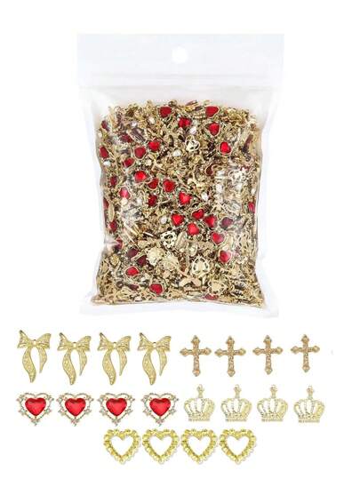 20pcs Luxury Alloy Nail Art Decoration Set - Includes Gold Bow Tie, Cross, Heart, Crown And More - Elegant Manicure DIY Accessories