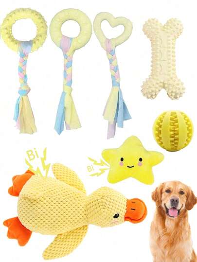 "1-Piece/5-Piece/6-Piece Yellow Dog Toy Set - Puppy Teething Chew Toys Squeaky Duck | Interactive Pet Accessories: Rubber Ball & Colorful Rope Toys For Small Breeds Indoor Outdoor Puppy Training Durable Easy To Clean Oral Dental Soothing