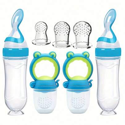 Juego de alimentación de bebé de piezas: 2 biberones de silicona suave con cuchara, chupete alimentador de frutas de 2 piezas con tetinas de 3 tamaños JZMF