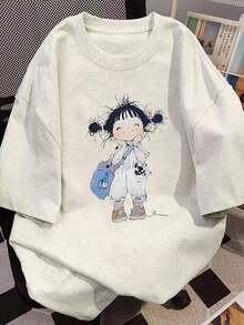 女士休闲可爱卡通印花圆领宽松短袖T恤，春夏款 - 淺花灰 - 查看 1