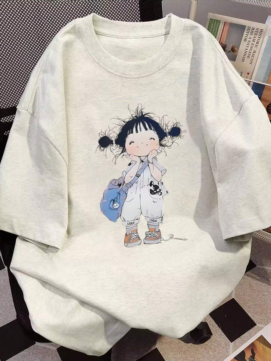 女士休闲可爱卡通印花圆领宽松短袖T恤，春夏款 - 淺花灰 - 查看 1