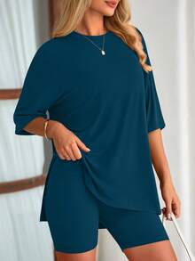 PRETTYGARDEN Women's Summer Clothes 2 Piece Sets Lounge Set Casual Oversized Shirts Biker Shorts Matching Airport Travel Sweatsuit Set Women Vacation Outfit Lake Blue Summer Brunch Outfits For Women - 湖藍色 - 查看 3