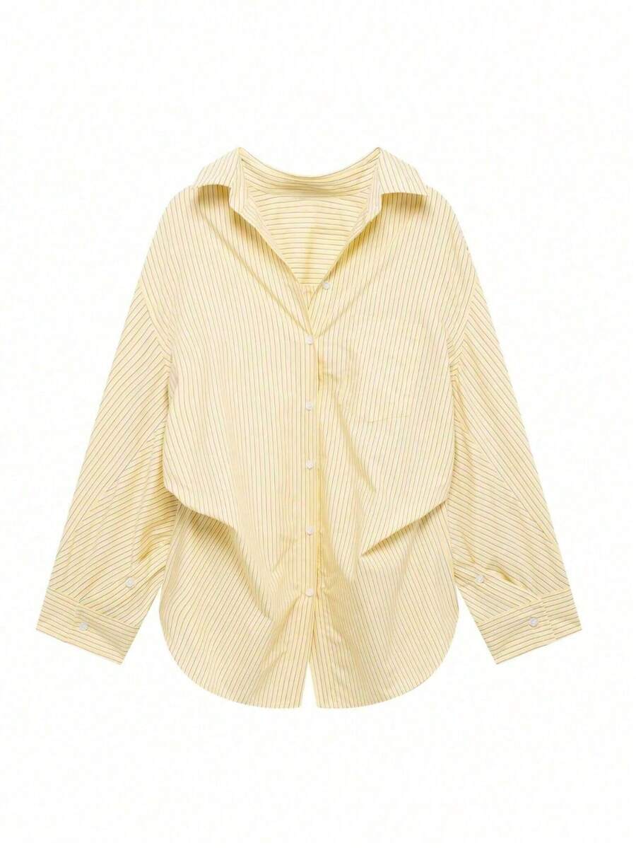 Camisa de seda holgada y casual de manga larga para mujer, talla grande, color amarillo mantequilla de verano, nueva colección primavera y otoño DEEKA - Rayas amarillas - Ver 1