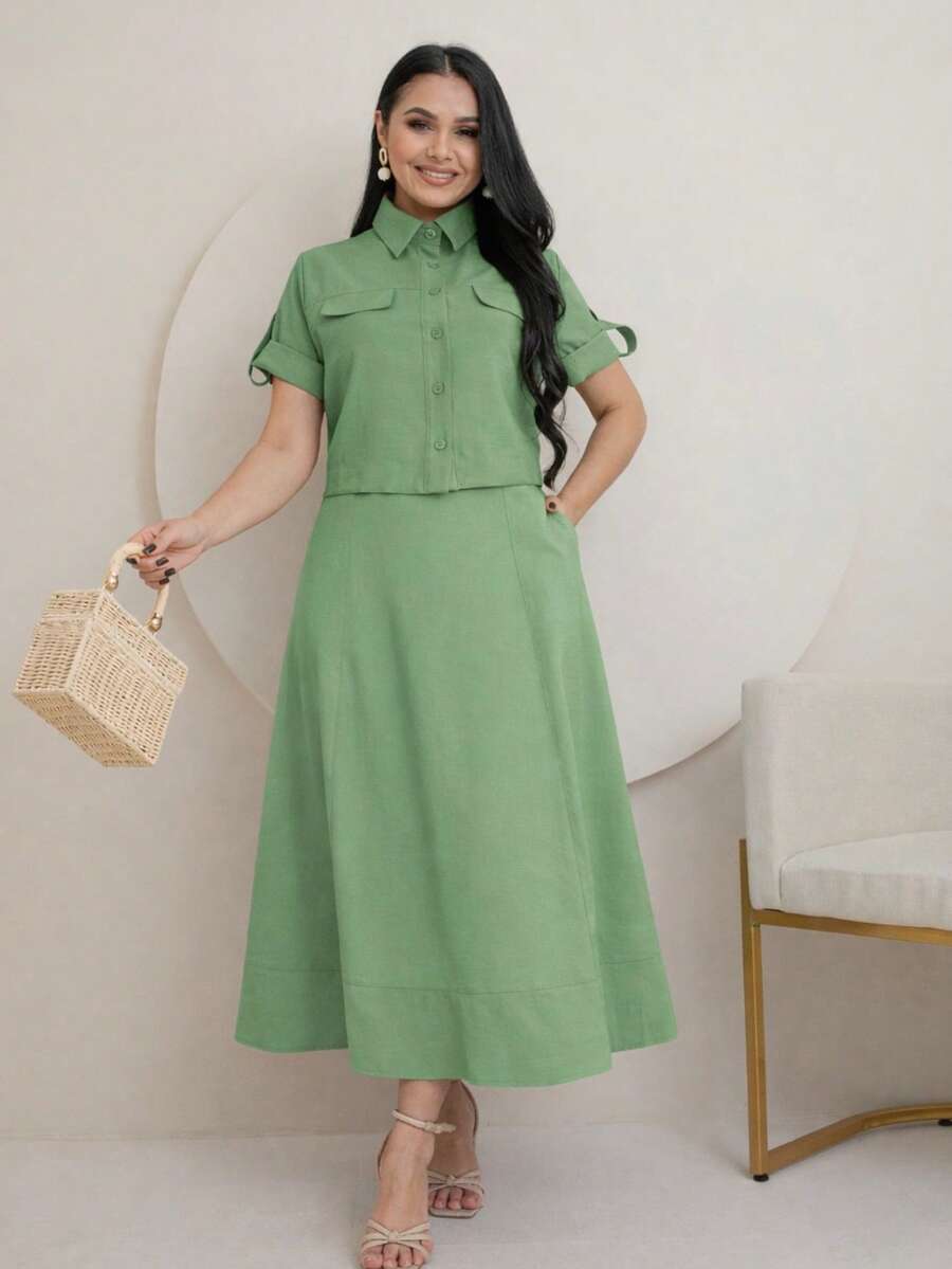 Women's Formal Suit, Elegant Tailored, Modest Evangelical Fashion, Christian Work Outfit, Congress Dress, Flared Midi Skirt, Shirt-Style Two-Piece Blouse. - 綠色 - 查看 1