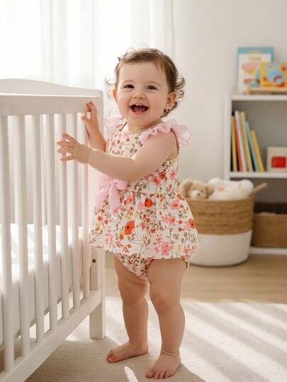 Baby Girl Ditsy Floral Bodysuit, Sheer Flutter Sleeves With Pink Bow, Sweet & Cute, Casual & Comfortable, Suitable For Baby's Summer Outings And Gatherings