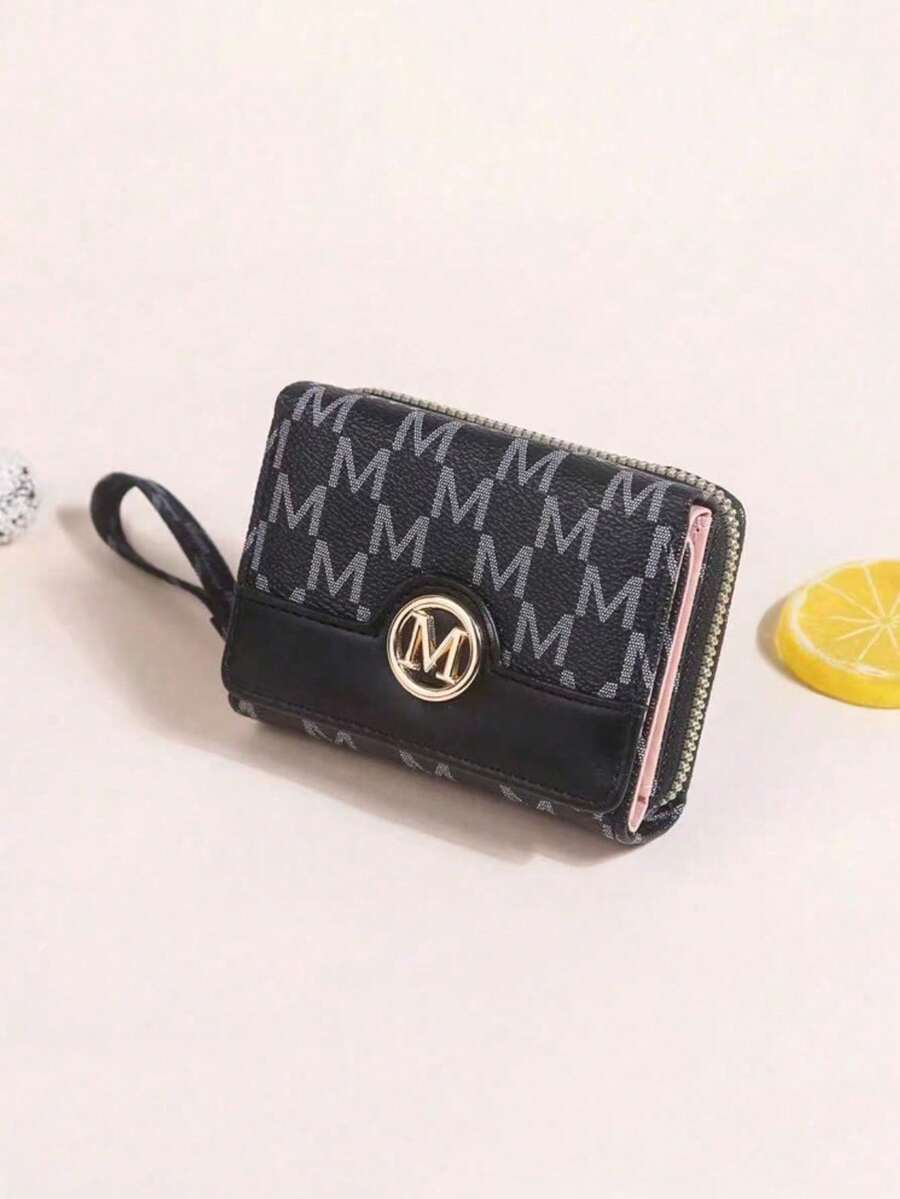 Fashionable Embroidered Tri-Fold Multi-Card Women Wallet, European And American Style Letter Design, Mini - Black - View 1