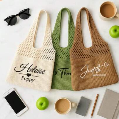 Personalized Crochet Woven Beach Tote Bag, Bridesmaid Beach Bag, Bridesmaid Gift, Customized Text Tote Bag, Single Gift, Beach Tote Bag, Summer Handbag