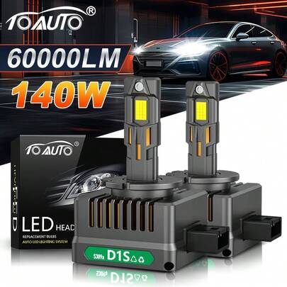TOAUTO 2pcs 140W 60000 Lumens D1S D2S D3S LED Headlight Bulbs, Universal Car Lights, Turbine LED Dual-Sided CSP Chip 6000K Plug And Play