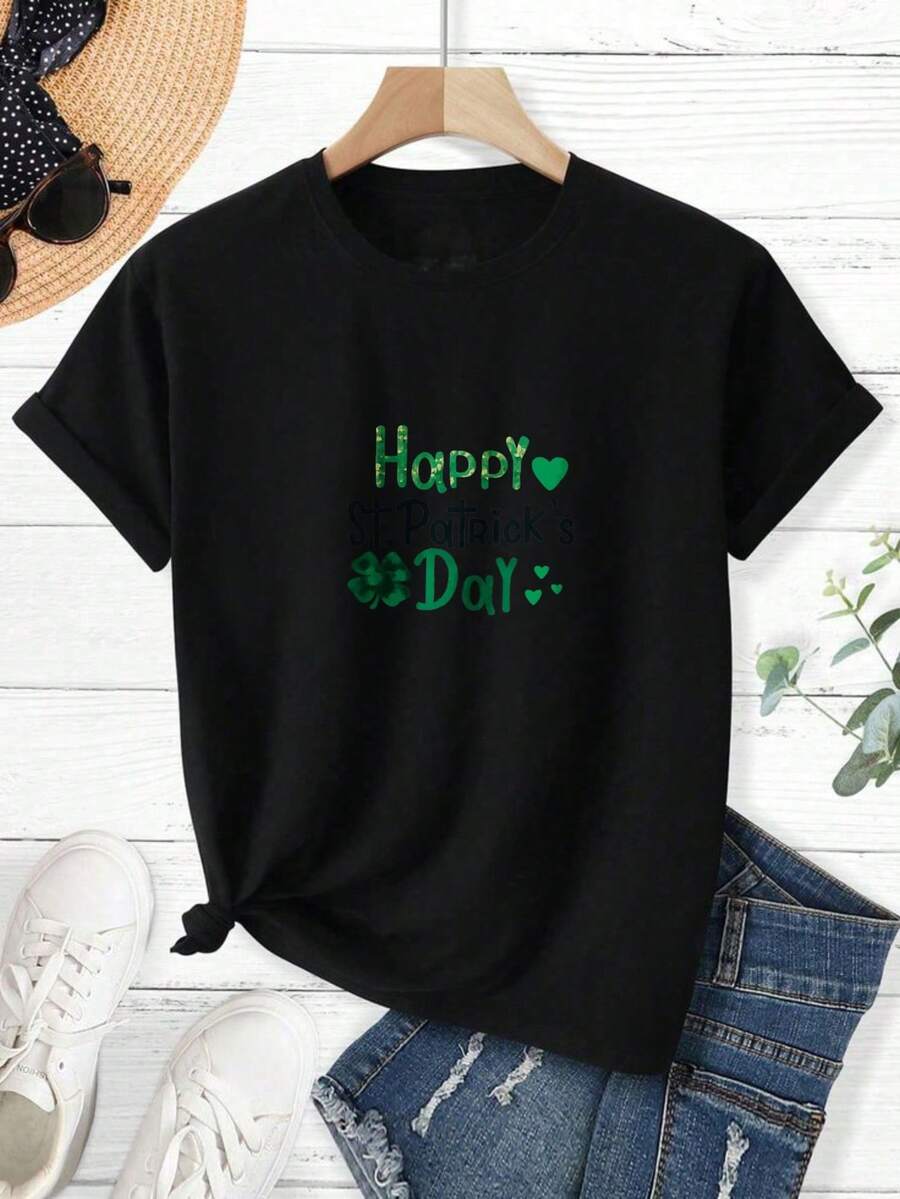 Men's T-Shirt, Women's T-Shirt, St Patrick's Day Themed Designs Featuring, Happy St Patricks Day With Green Heart And Clover Design On Black T Shirt Comfortable And Versatile Outdoor Casual Short Sleeve - Negro - Ver 1