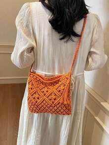 1 pezzo Nuova borsa a spalla intrecciata da donna per l'estate, borsa sotto braccio in maglia di grande capacità, borsa a tracolla versatile da spiaggia, borsa a tracolla da spiaggia alla moda per le vacanze - Arancione - Visualizzare 6