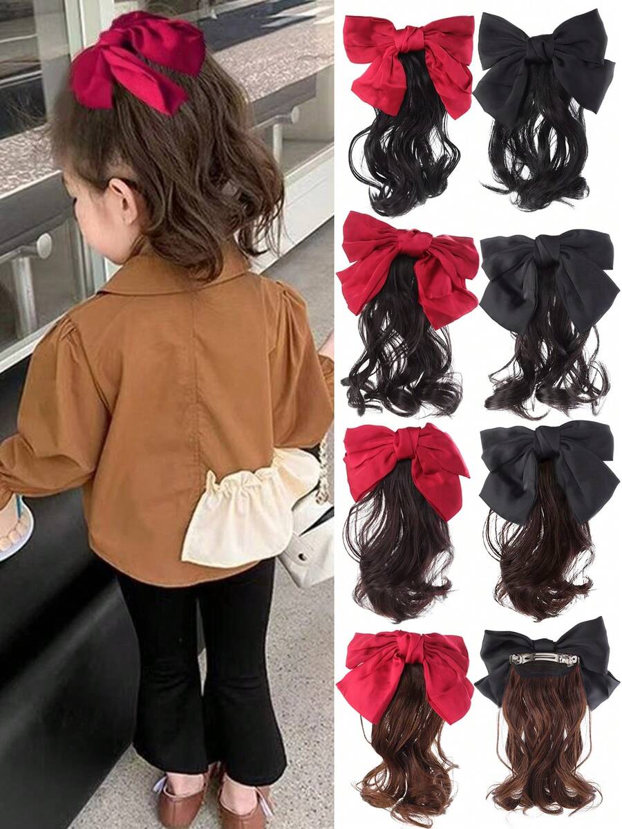 1个女孩红色蝴蝶结卷发马尾发夹（弹簧夹款式），可爱公主风发饰。 - 彩色 - 查看 1
