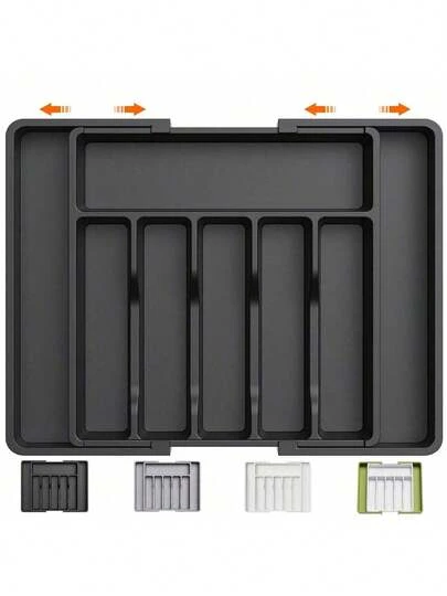 מארגן מגירת סכו"ם הניתן להרחבה - מגש כלים מתכוונן, מחזיק סכינים ומזלגות, פתרון אחסון רב תכליתי למטבח, שחור, גודל בינוני