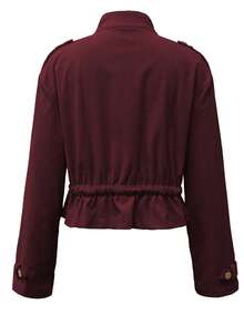 Women's Autumn/Winter Hot-Selling Fashion Casual Commute Corduroy Fabric Zipper Front Button Waist Tie Jacket - Burgundy - View 2