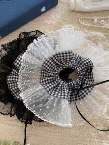 Plaid & Polka Dot Lace Trim Scrunchie, Versatile Fabric Hair Tie For Spring/Summer - Multicolor - View 9