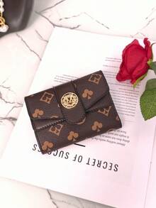 New Retro Printed Short Women's Wallet, Tri-Fold Snap Closure Coin Purse, Credit Card Holder, Anti-Theft Lightweight Clutch - Brown - View 5
