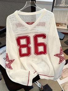 2026 New Retro 86 Number Print Knit Cover Up For Women, Red & White Contrast Star Pattern V-Neck Loose Sunscreen Top - Off White - View 2