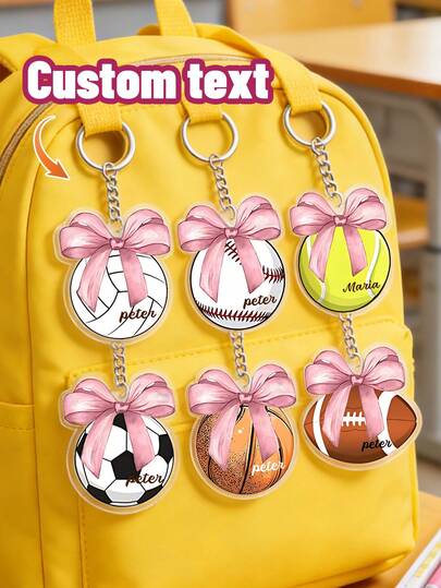 1 pieza Llavero personalizado de juegos de pelota con nombre/número y lazo rosa - Fútbol, baloncesto, fútbol, tenis, llavero de fútbol personalizado, adecuado para cumpleaños, regalos del Día de la Madre - Regalo único para atletas, entrenadores, fanáticos, regalos personalizados, recuerdos de fiesta, encantos de bolso