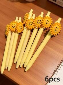 6pcs Black Sunflower Ballpoint Pens, 0.5mm Retractable Quick-Drying Ink Pens Suitable For Students - Sunflower - View 8