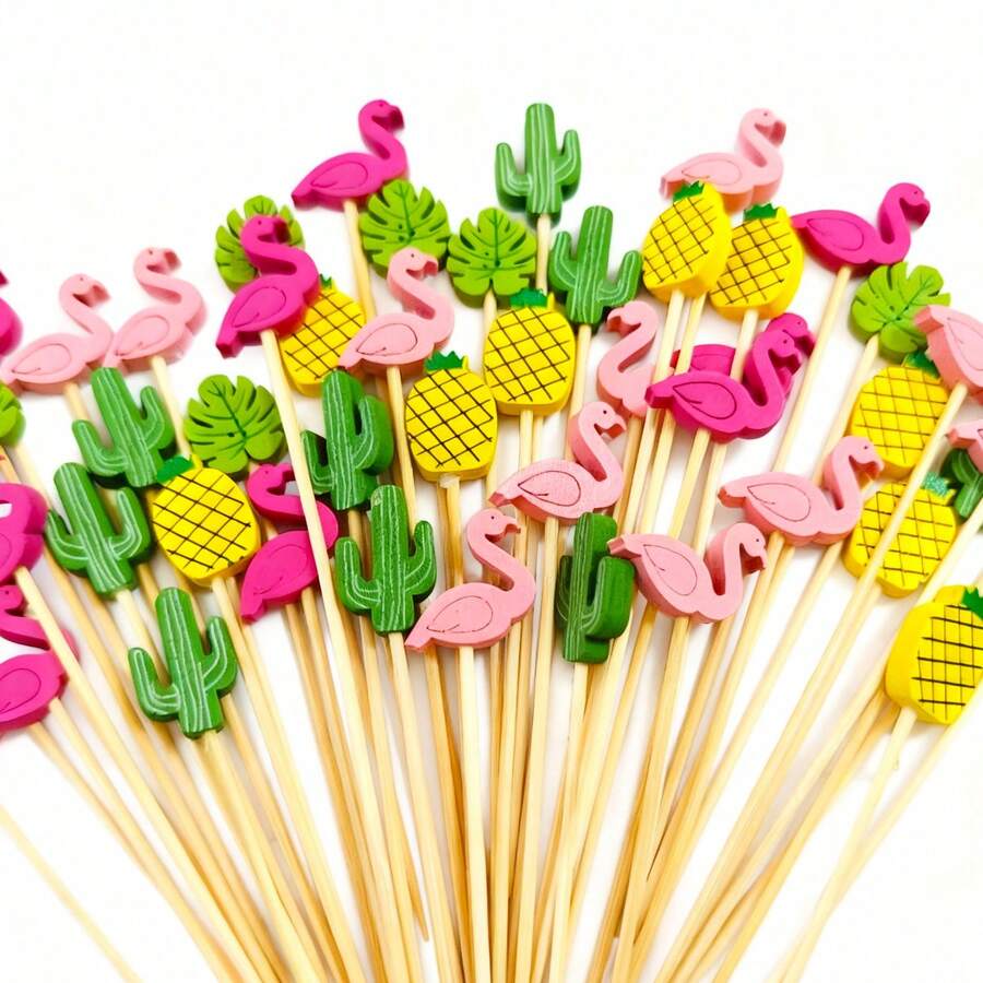50/100pcs Summer Cocktail Picks Assorted Picks Tropical Cocktail Bamboo Toothpicks Flamingo Beach Backdrop Pineapple Handmade For Appetizers Food Drinks Luau Hawaii Beach Party - 5 Assorted - View 1