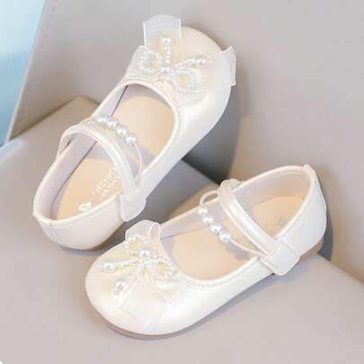 1 Pair Beige Children Flat Shoes, Hook And Loop Pearl Decor Girls Shoes, Round Toe Princess Shoes For Toddlers & Infants