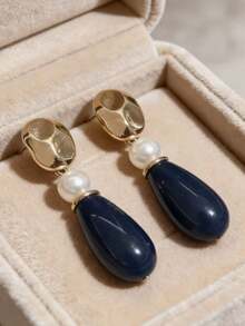 1对不对称金属蓝树脂珍珠吊坠耳环，欧美风格个性时尚长耳环，适合女性和女孩，旅行、婚礼、派对、生日、圣诞节礼物（2026款） - 寶藍色 - 查看 3