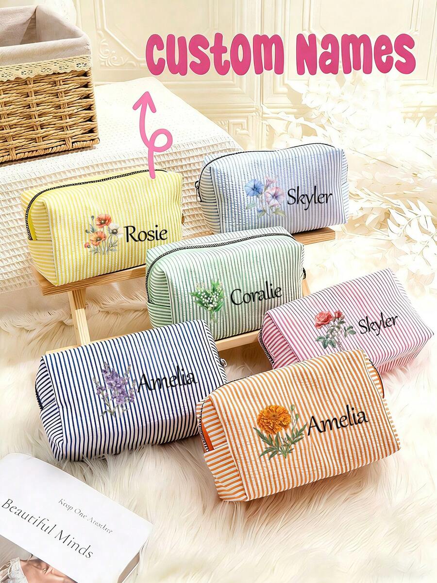 个性化伴娘化妆包，女士大容量网眼化妆包，伴娘礼物，化妆品收纳袋，刺绣字母洗漱包，刺绣化妆包，伴娘化妆包，伴娘礼物，女士礼物，个性化礼物，婚礼派对，礼物，新娘送礼会订婚礼物，休闲都市风