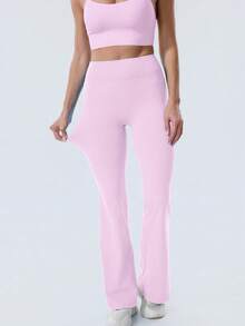 Women Flared Yoga Sports Pants High Waist Stretch Casual Soft Straight Leg Bottoms - Light Rose - 查看 5