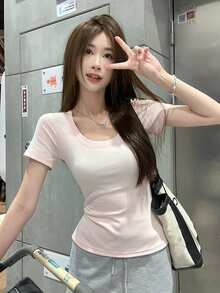 U-Neck Short Sleeve T-Shirt, Stretchy Slim Fit Solid Color All-Match Tee Casual Pink Summer - Pink - View 7
