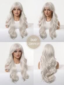 26" Silver White Wavy Wig With Fringe, Heat Resistant Synthetic Hair With Elastic Net Cap For Cosplay & Festival Outfits - White - View 7