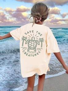 Tween Girls Casual Printed Round Neck Short Sleeve T-Shirt, Summer Top - Apricot - View 9