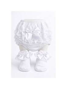 White Baptism Panty Set For Baby With Satin Bow And Half Band, Ruffled Lace Panty - M - 2 to 3 Years - View 3